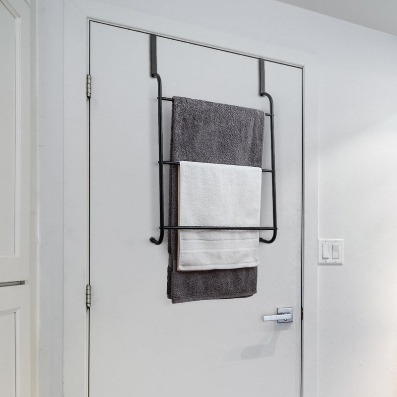 MyGift Over the Door Towel Rack, 3 Tier Modern Triple Towel Holder, Space Saving Bathroom/Laundry Room Clothes Drying Rack, Over Cabinet Towel Bar Hanger, Matte Black Metal Metal Black