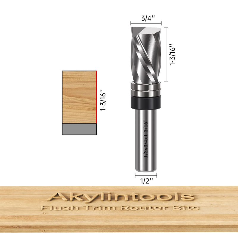Solid Carbide Compression Flush Trim Router Bits 3/4" Cutting Dia.1-3/16" Cutting Height,1/2" Shank,Spiral Up&Down Cut,Top Bearing for Wood Trimming 3/4" Dia*1-3/16" LH-Updown