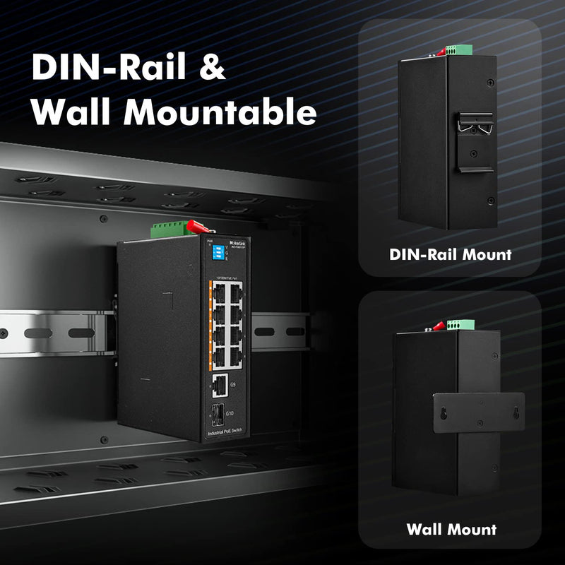 MokerLink 10 Port PoE Industrial Din Rail Switch, 8 Ports PoE+ 100Mbps IEEE802.3af/at, 1 Gigabit Ethernet and 1 SFP Uplink, Vlan & Extend Mode, DIN-Rail & Wall Mount 8POE + 2GE + 1SFP
