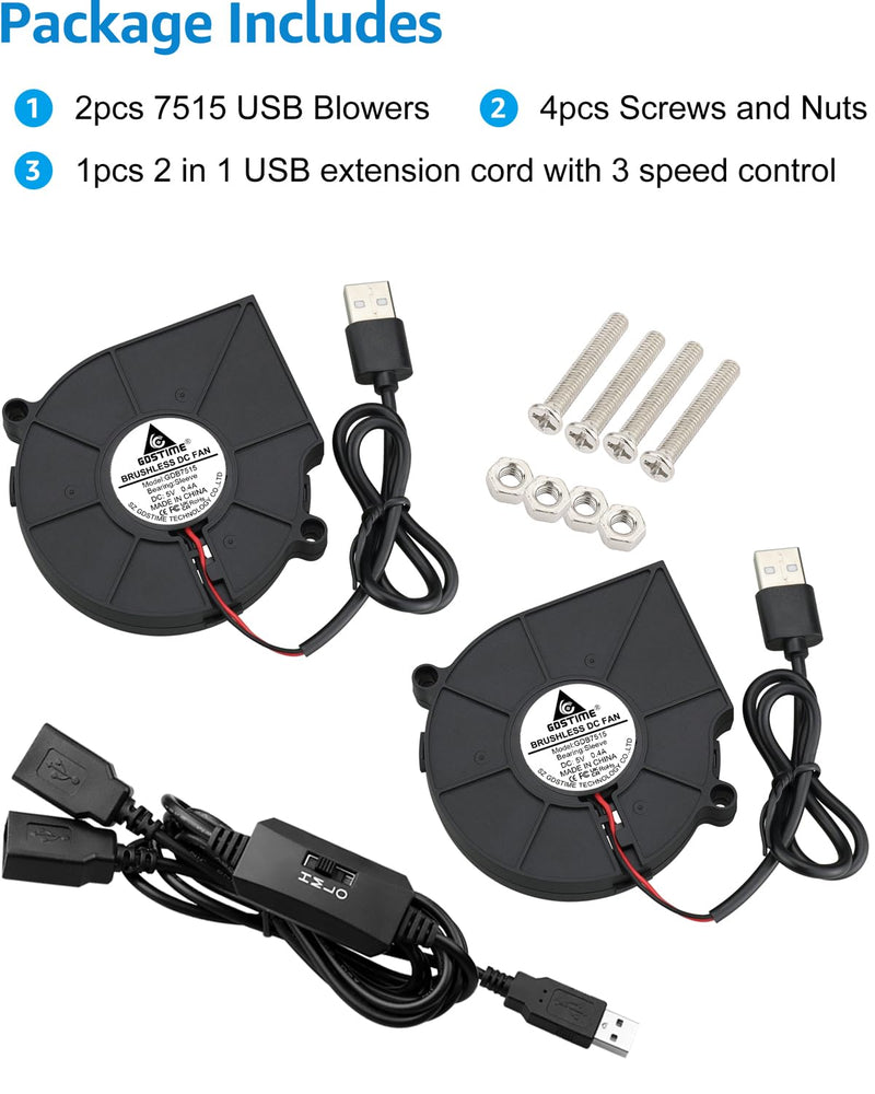 GDSTIME 2-Pack 75mm x 15mm USB Blower Fan with 3 Speed Control, DC 5V Brushless Turbo Cooling Fan for Helmet Laptop 3D Printer