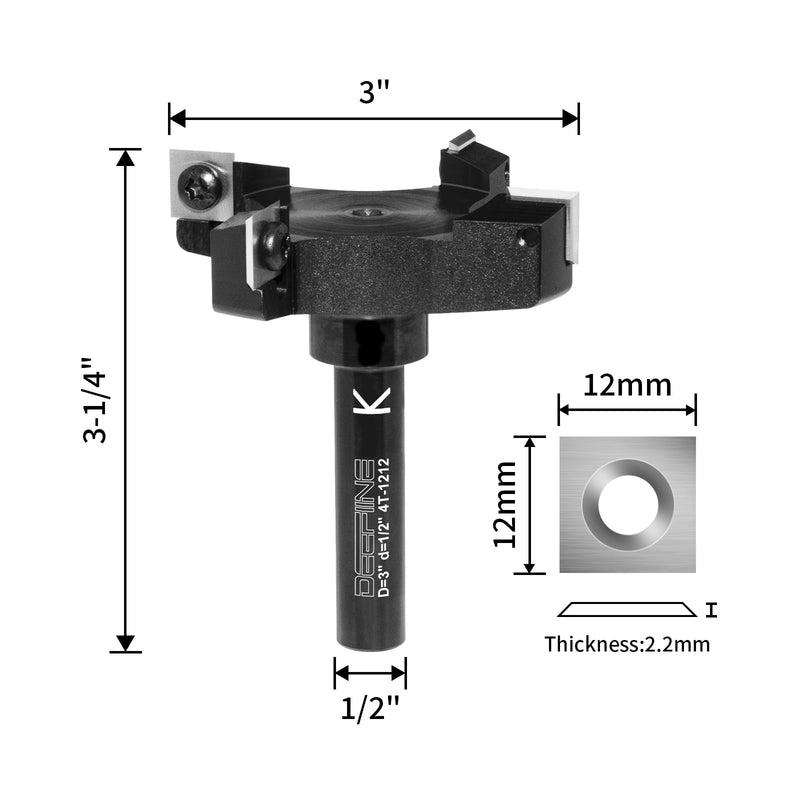 Slab Flattening Router Bit 1/2 Shank, 4-Wing, 3" Cutting Dia | Insert Carbide CNC Spoilboard Surfacing Router Bit,Wood Planer Planing Bit for Fly cutter/ Slab Leveler/ Rabbeting 1/2" shank,3" cut dia.(black)