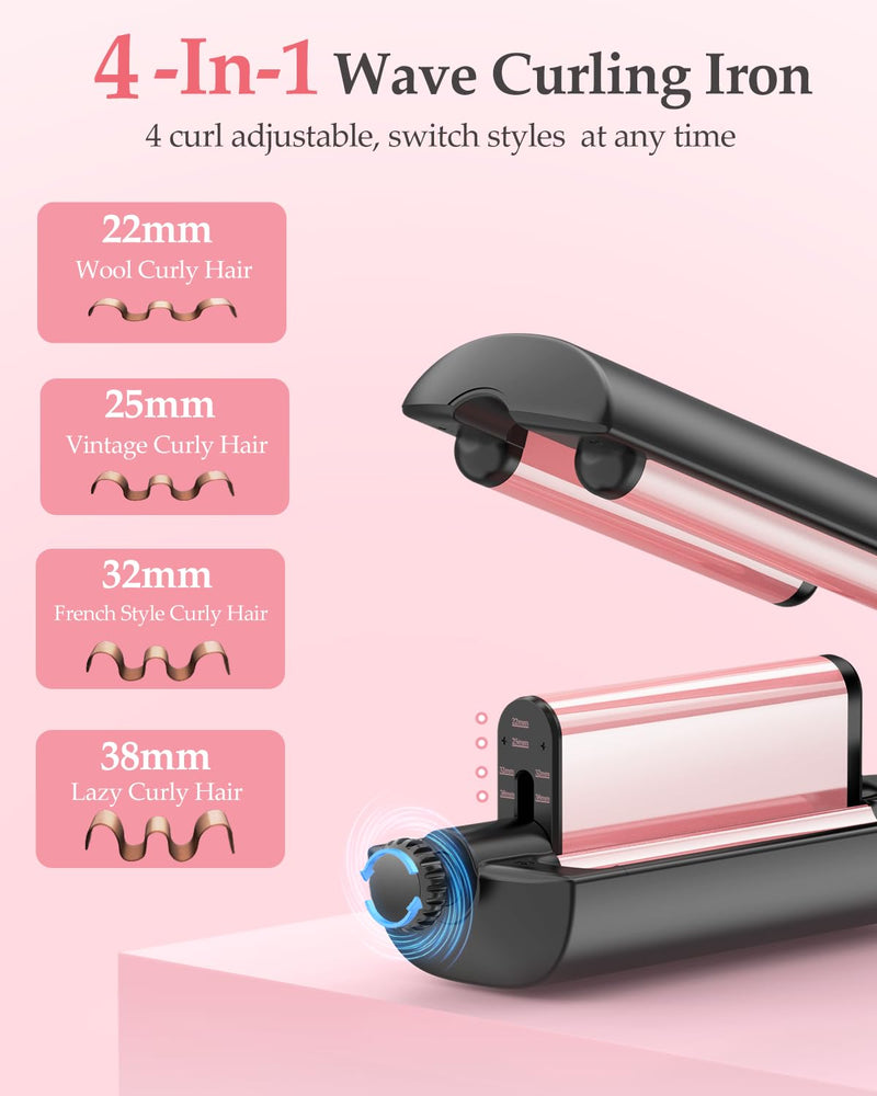 4 in 1 Adjustable Wave Curling Iron - 22/25/32/38mm Ionic Beach Waver Hair Curler with Ceramic Electrical Coating, Anti-Scald, 30S Heat Up, Digital Display, 4 Temperature(140°C-210°C), Black+Rose Gold