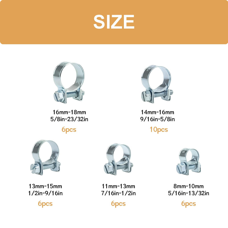 34PCS 8-18mm 5 Sizes Fuel Injection Line Hose Clamps Assortment Kit, 1/4" 5/16" 3/8" Fuel Line Hose Clamp for Automotive Diesel Petrol Pipe DD025