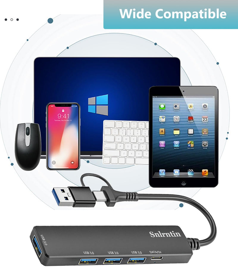 USB 3.0 Hub with USB C Data Port, 2 in 1 USB Hub 5 Ports, Portable USB Splitter for Laptop, USB C Extender for MacBook Pro, iMac, Surface Pro, Dell XPS, PS5, PC, Mobile HDD, and More MR-USB-A & USB -C