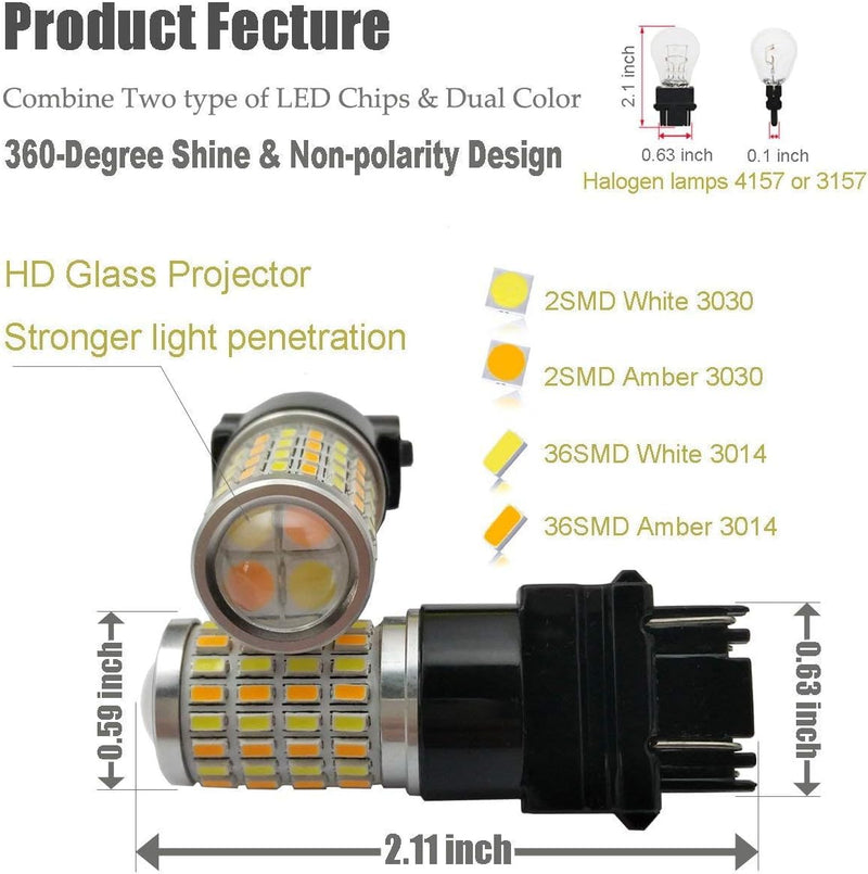 iBrightstar Super Bright 3157 4157 3155 3457 Switchback LED Bulbs with Projector Replacement for Daytime Running Lights/DRL and Turn Signal Lights, White/Amber