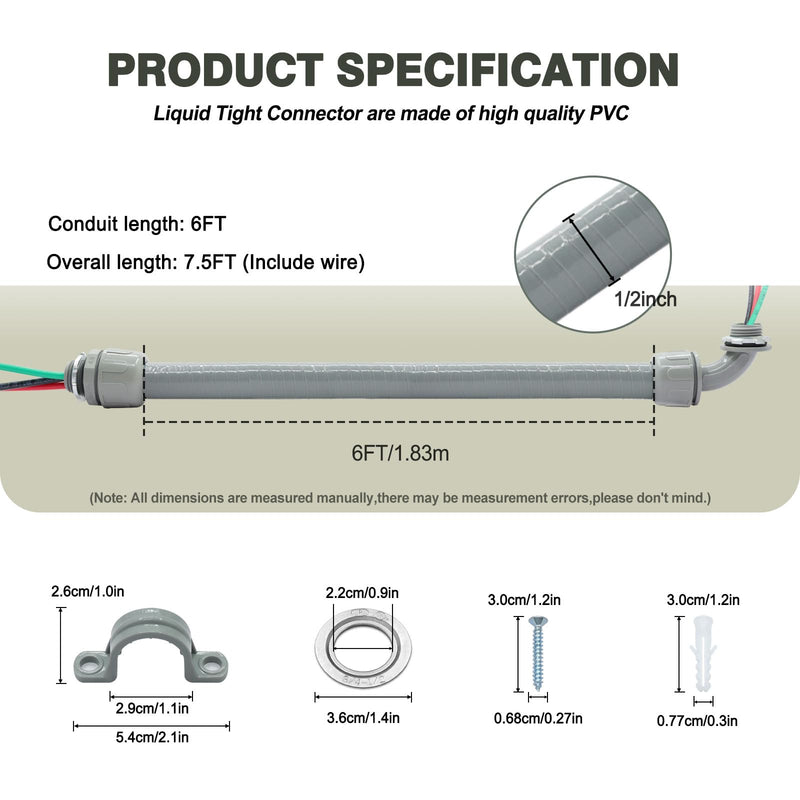 1/2" x 6Ft Power Whip Assembly Kit, Non-Metallic Liquid Tight Flexible Electrical Conduit with 10 Gauge Wire Electrical AC Whip Kit 1/2" x 6Ft