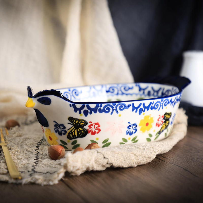 Vintage Butterfly and Flower Pattern Pie Pan, Chicken Shape Ceramic Bakeware Casserole Dish Baking Pan Bakers Lasagna Pans Soup Bowl Baking Dish for Oven to Table-Blue-25 OZ Blue 25 OZ