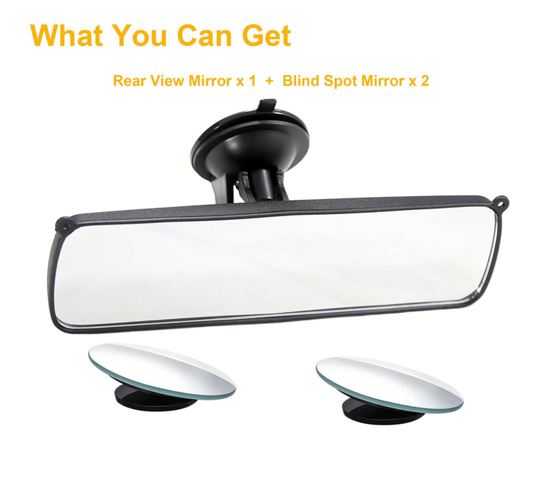 Rear View Mirror, 9.8" Universal Rearview Mirror, Car Interior Rear View Mirror with Adjustable Suction Cup, Car Inside Mirror for SUV, Vans, Trucks (Bonus 2 PCS Blind Spot Mirrors) White
