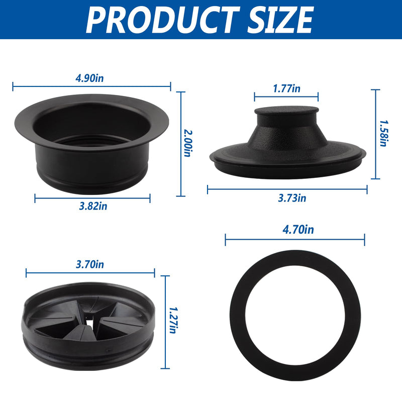 Garbage Disposal Sink Flange Kit with Garbage Disposal Stopper and Splash Guard Sink Baffle Rubber Sink Drain Seal（4 Piece Set, Fit Universal 3-1/2 Inch Standard Sink Drain Hole,Matte Black