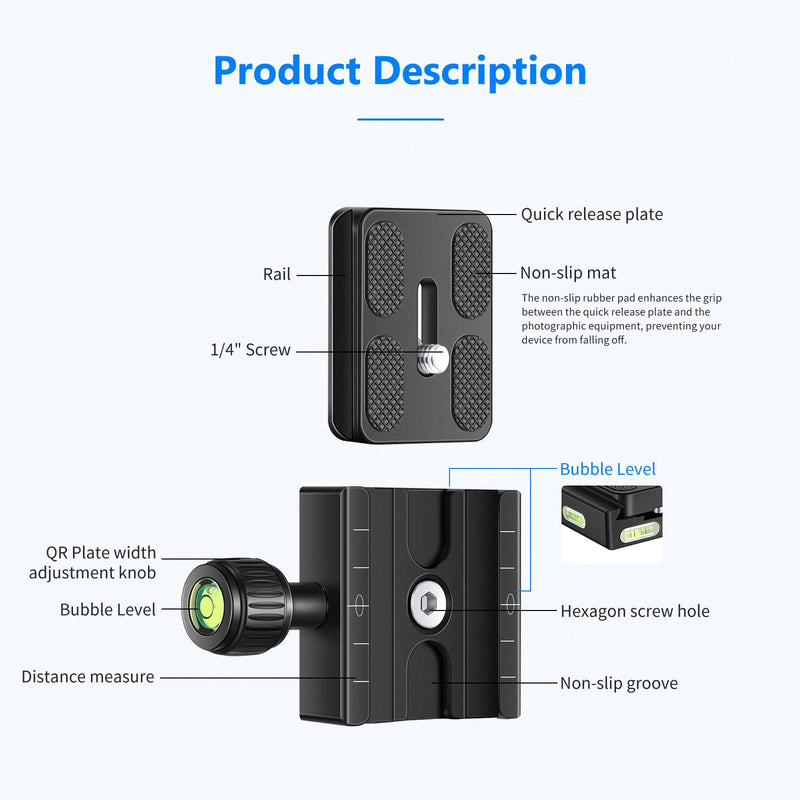 NEEWER Metal 50mm Quick Shoe Base Clamp and QR Plate with Bubble Level and Adjustable Lever Knob, Compatible with Arca Swiss Standard for Tripod Ballhead