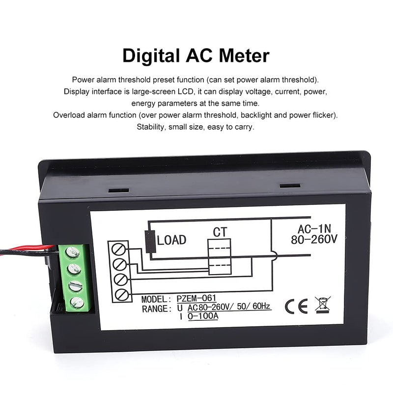 Digital Multifunction Meter, AC 80-260V 100A AC Volt Amp Tester Voltmeter Ammeter Watt Meter, LED Display Digital Current Voltage Power Energy Meter with Overload Alarm Function