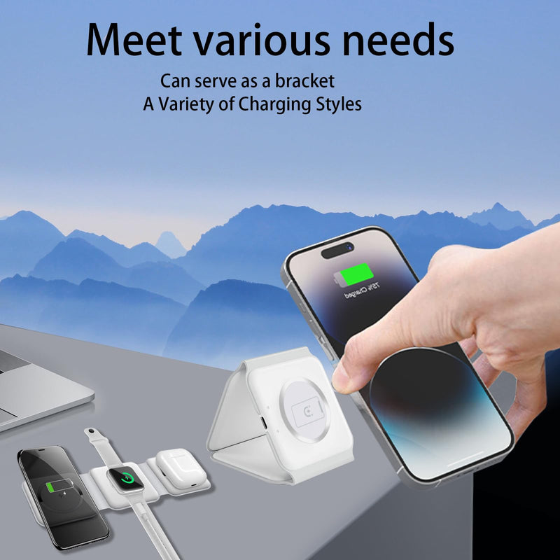 3in1 Foldable Magnetic Wireless Charger,Travel Pad for iPhone,Watch,AirPods | Magnetic Alignment, 15W Fast Charging, Foldable Travel Stand, Compatible with Apple Watch & AirPods, Safe Tech Tea White