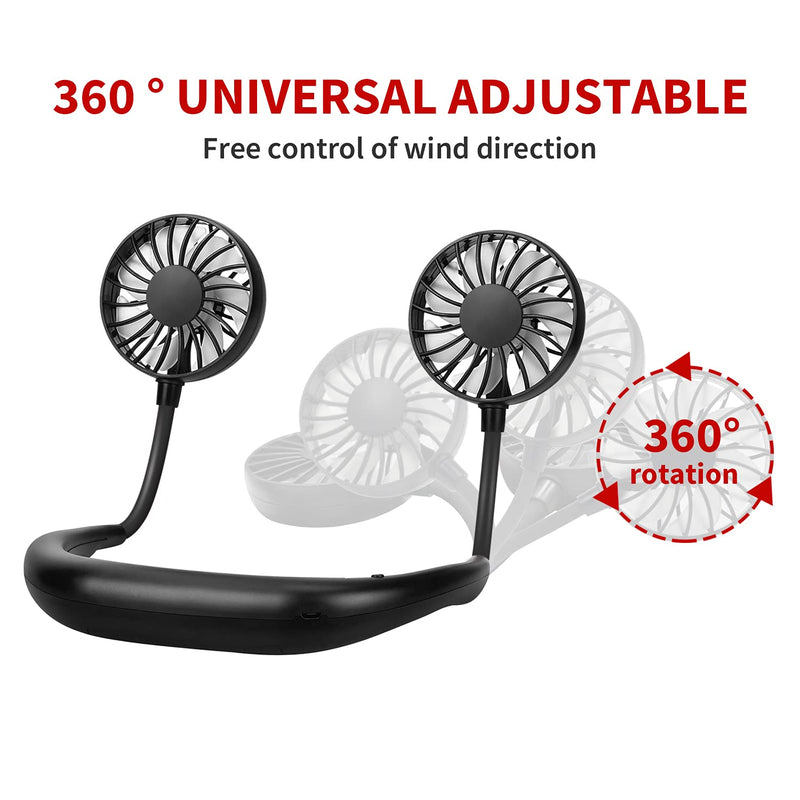 Portable Neck Fan Rechargeable Personal Hand-Free Fan Mini USB Wearable Neckband Sport Fan, 3 Speed Adjustable, 360 Degrees Free Rotation Perfect for Working, Traveling, Office, Reading (Full Black) Full Black