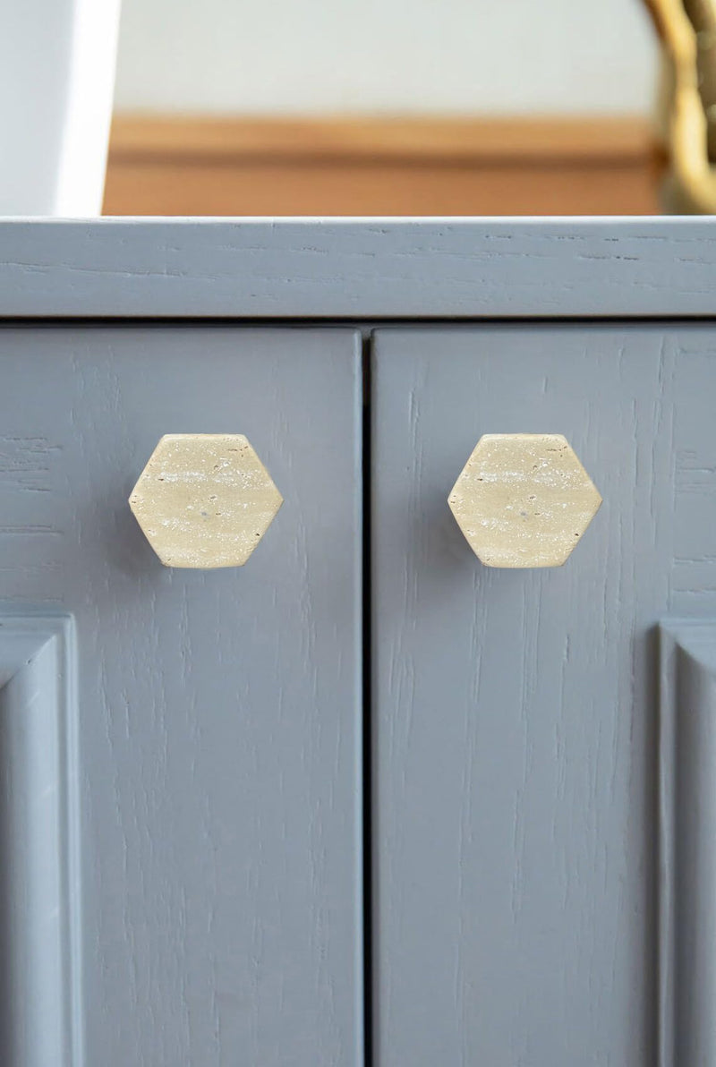 Perilla Home Set of 6 Marble Knobs for Cabinet & Drawers Decorative Travertine Hexagon Knobs for Home Kitchen Cabinet Hardware Cupboard Glass Door Dresser Wardrobe Pulls (Beige)