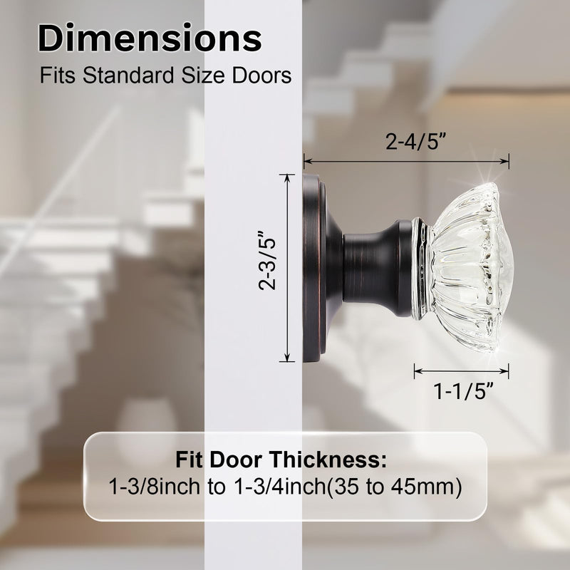 KNOBWELL Glass Door Knobs in Oil Rubbed Bronze Finish, Individual Dummy Crystal Door Knobs for Interior Door, Keyless Non-Turning Interior Door Knob, 1 Pack