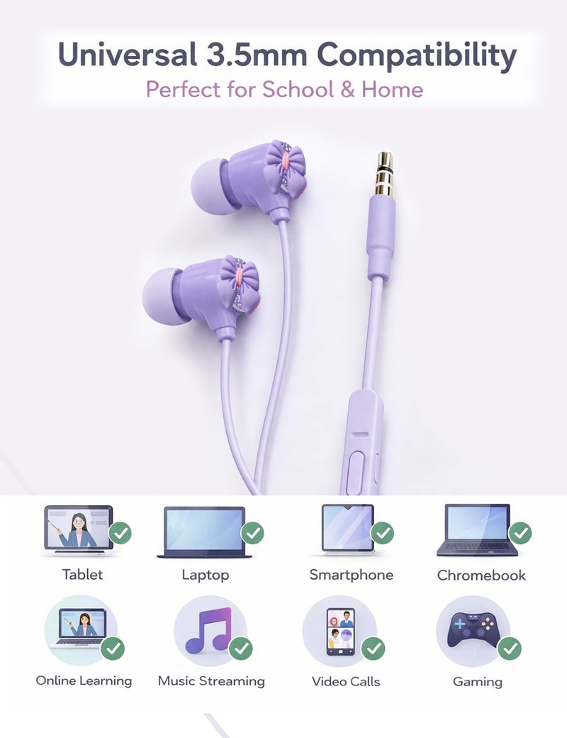 Teens Wired Earbuds with Case, 3.5mm Headphones for School, Bowknot | GOGOSINIS Wired Student Earbuds, with Carabiner Clip to Attach on School Backpack, Small Eartips, for PC and Tablets