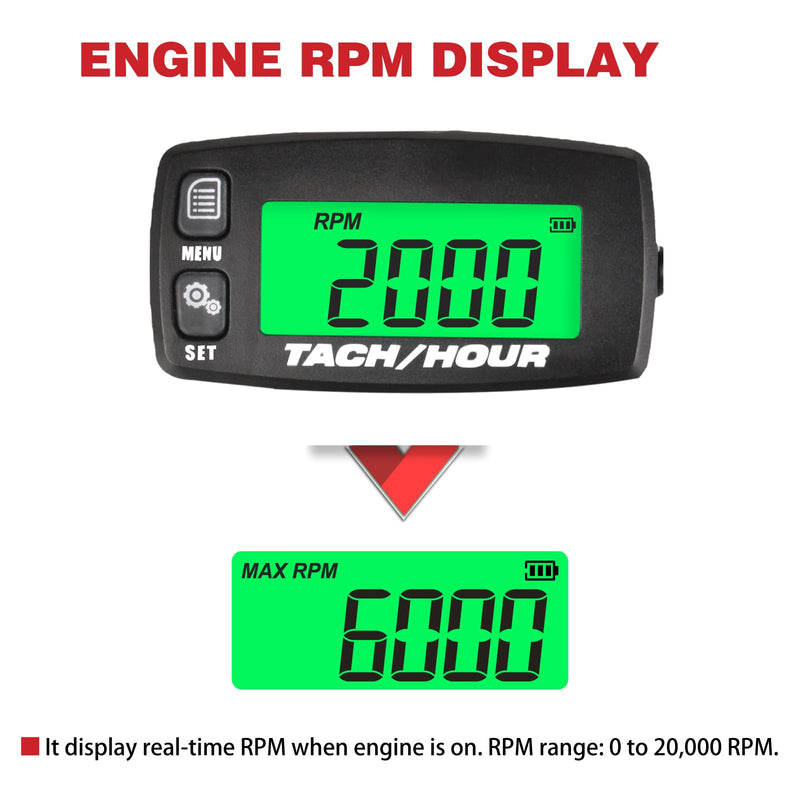 Digital Tachometer, Digital Hour Meter, Used for Lawn mowers, Motorcycles, Tractors, generators, Outboard ATVs, Snow blowers, etc., Maintenance Reminders,Replaceable Battery