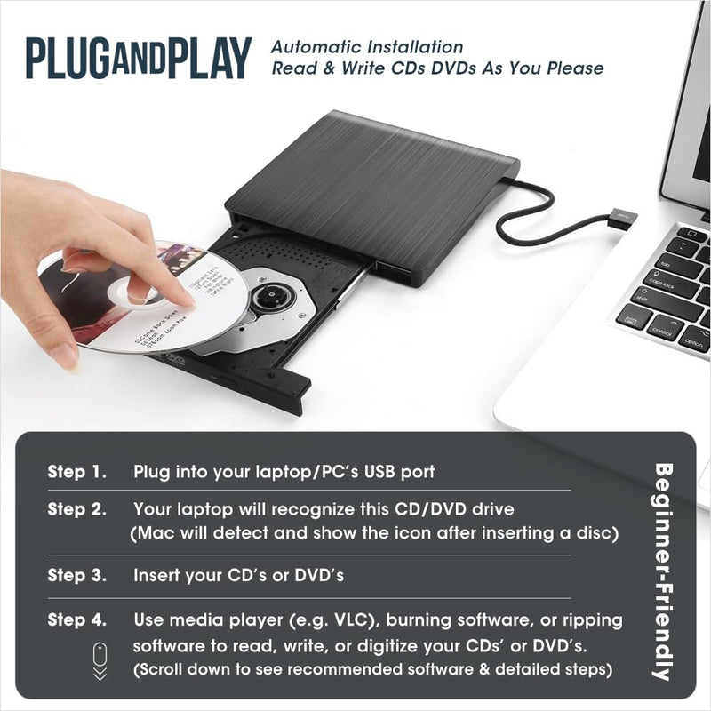 ROOFULL External CD DVD Drive for Laptop, Genuine USB 3.0 Portable CD/DVD Player Burner Reader Writer Adapter for Windows 11/10 Computer Mac MacBook Linux PC 2 In 1 Drive