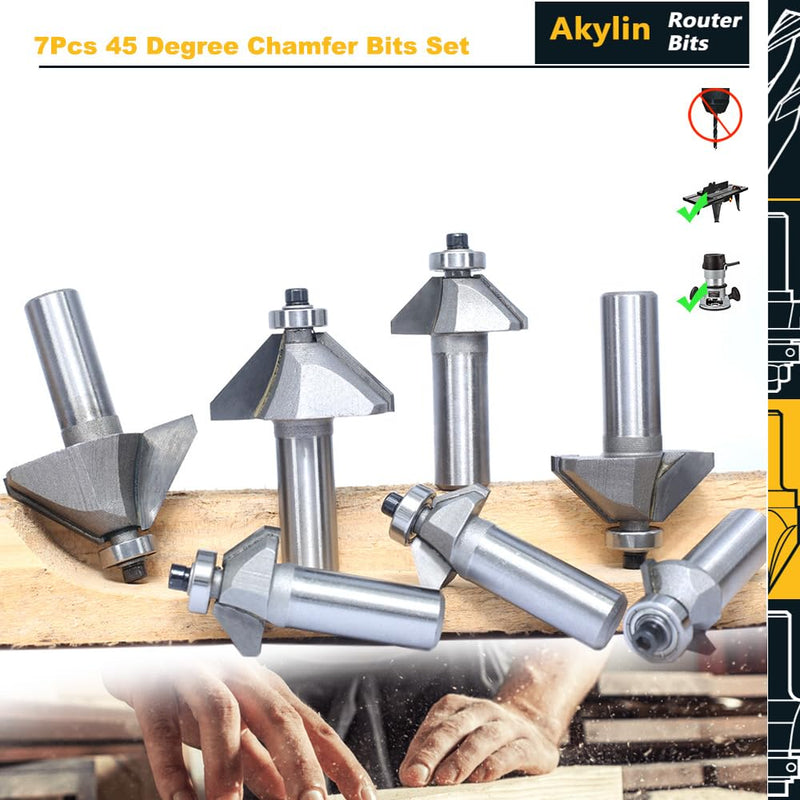 7Pcs 45 Degree Chamfer Router Bit Set,1/2" Shank,1/4",5/16",3/8",1/2",5/8" 3/4" and 7/8" Bevel Length,Eased Edge Cutter with Ball Bearing for Wood Chamfering,Bevelling,Profiling,Edging 7 Piece Set (1/4"-7/8")