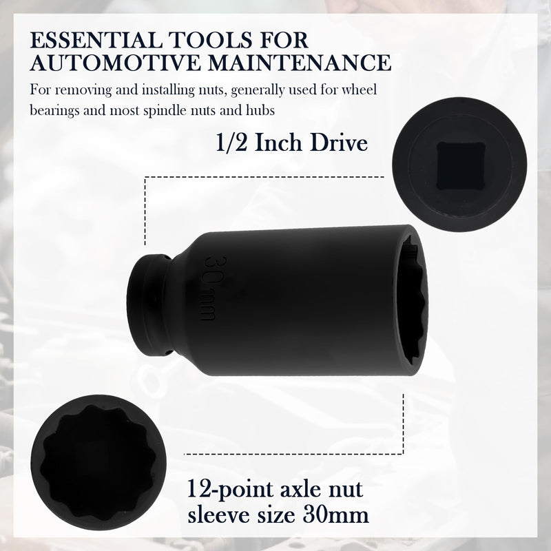 30mm Socket 1/2 Drive,30mm 12 Point Axle Nut Socket for Quick Dismantling Axle Shaft Nuts,Professional 30 mm Sockets Deep Impact Sockets Set 1/2 Drive Automotive Tools
