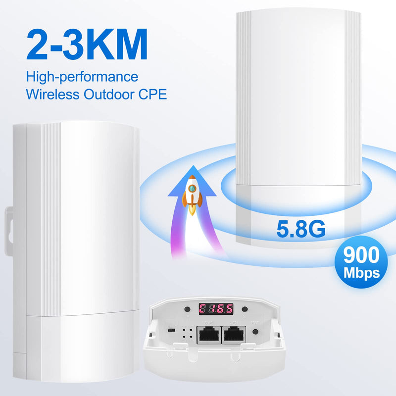 Wireless Bridge Set 900Mpbs 5.8G WiFi Outdoor CPE Point to Point Long Range up to 2-3KM CPE200 with 12dBi High-Gain Antenna，24V PoE Power, IP65 Waterproof,2-Pack, White Old version