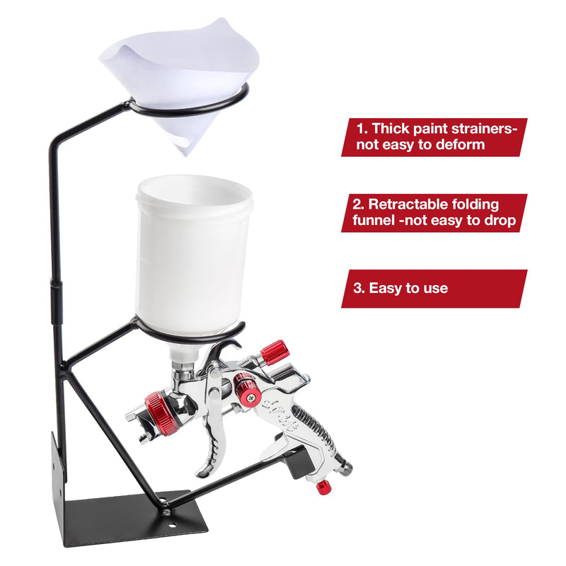 YUZES Gravity Feed Paint Spray Gun Holder Stand with 100PCS Nylon Mesh Paint Strainers and Removable Strainer Holder, for Wall-Mounted or Bench Mount