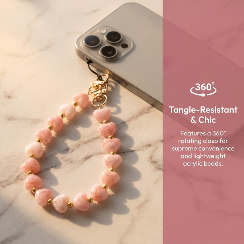 1PCS Heart Phone Charm Strap Pendant Keychain Accessory Beaded Mobile Hanging Decoration Wrist Lanyard Bag Attachment Gift pink 1pcs
