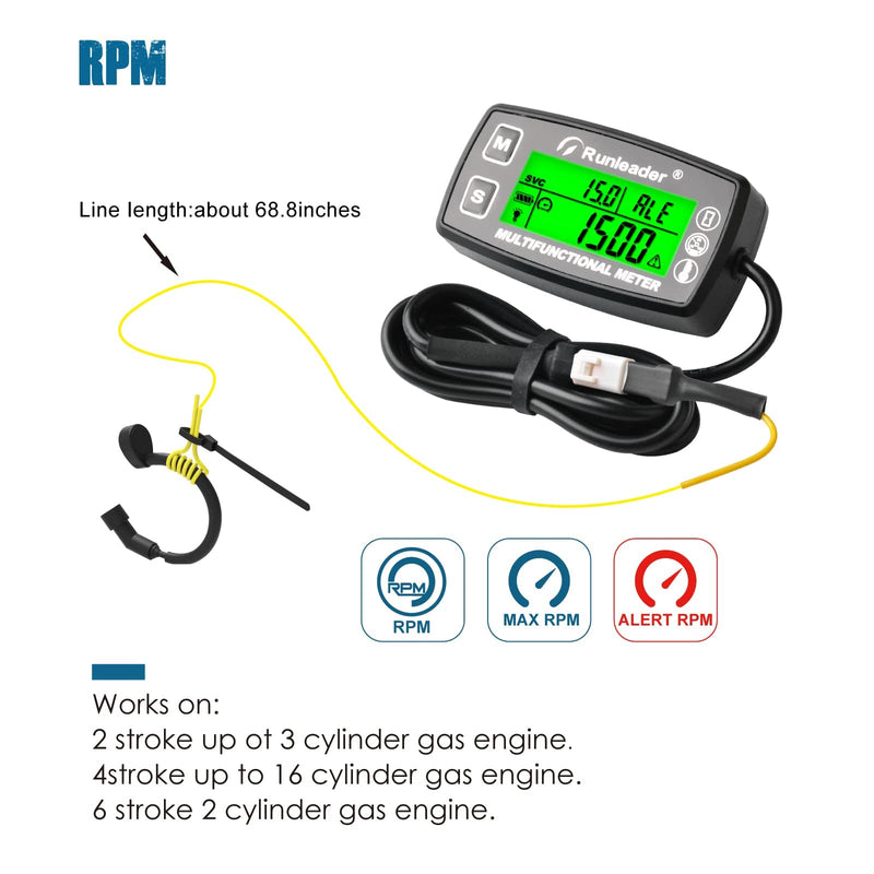Runleader Digital Tach Hour Meter,Engine Water Oil Temperature Gauge,Alert RPM & Temp,Backlights Display for Lawn Tractor Compressor Generator Snowmobile Marine Jet Ski Pit Bike (RL-HM035A-TS001) RL-HM035A-TS001