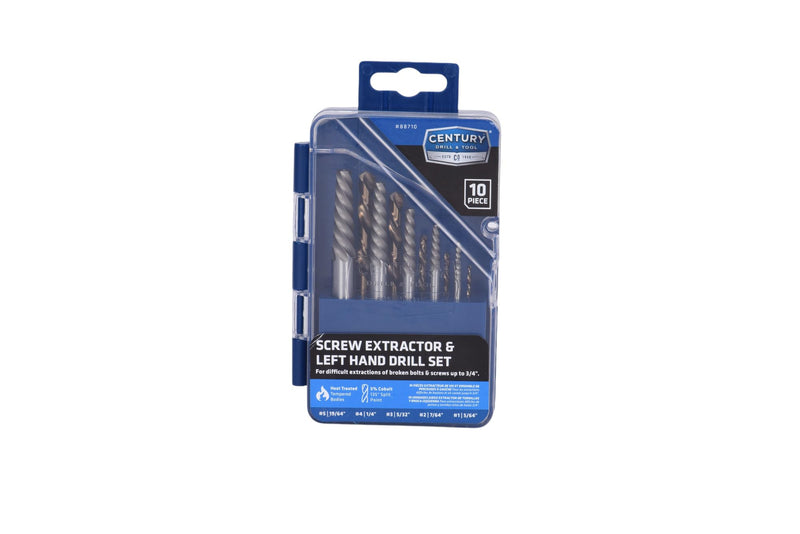 Century Drill & Tool 88710 Spiral Flute Screw Extractor & Left-Hand Drill Set, 10 Piece, M35 Cobalt Steel, Includes #1 - #5 Extractors & Left Hand Drills 10-piece Spiral Flute