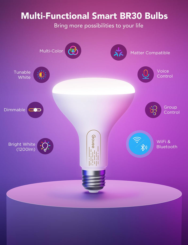 Govee Smart Light Bulbs, 1200 Lumens Dimmable BR30 Bulbs, RGBWW Color Changing Light Bulb, Flood Light Bulbs Work with Alexa, Google Assistant, WiFi & Bluetooth LED Bulbs, Music Sync, 2 Pack