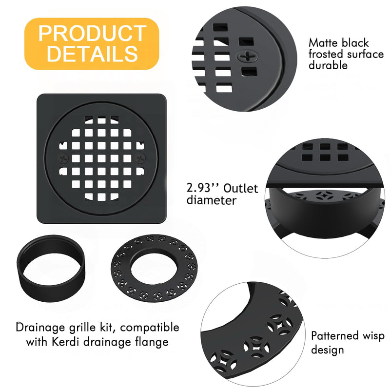 4" Square Shower Drain Grate Replacement Kit - SUS 304 Stainless Steel Removable Drain Cover Compatible with Schluter Kerdi-Drain Flange, CUPC Certified Bathroom Floor Drain (Matte Black) ‌