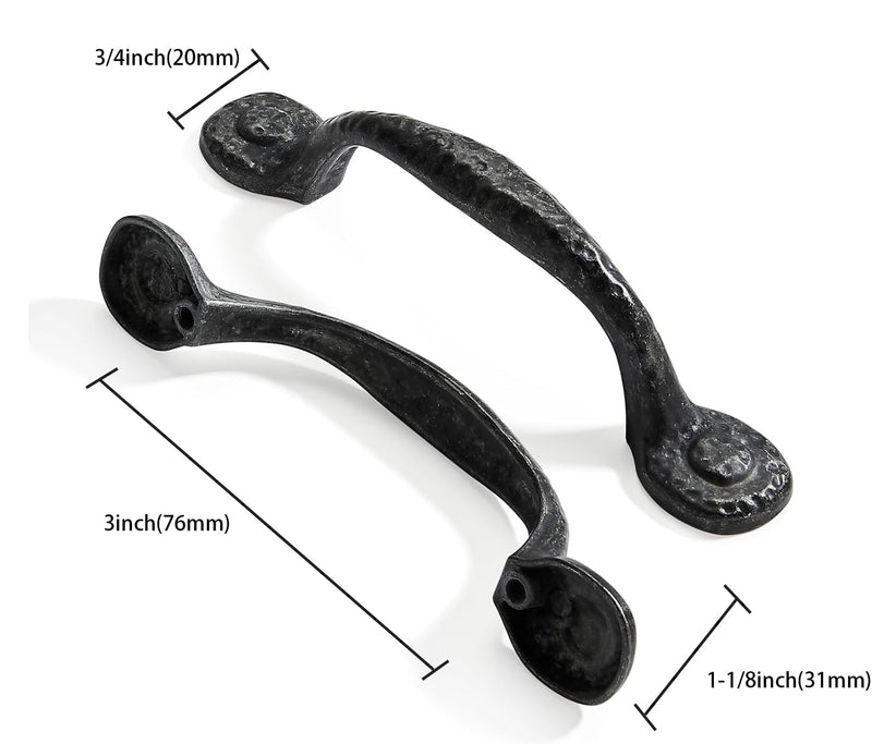 10 Pack 3 Inch (76mm) Hole Center Black Iron Cabinet Pulls,Antique Black Rustic Drawer Pulls Hammered Cabinet Handles Kitchen Cabinet Hardware Vintage Pulls for Drawers. 10