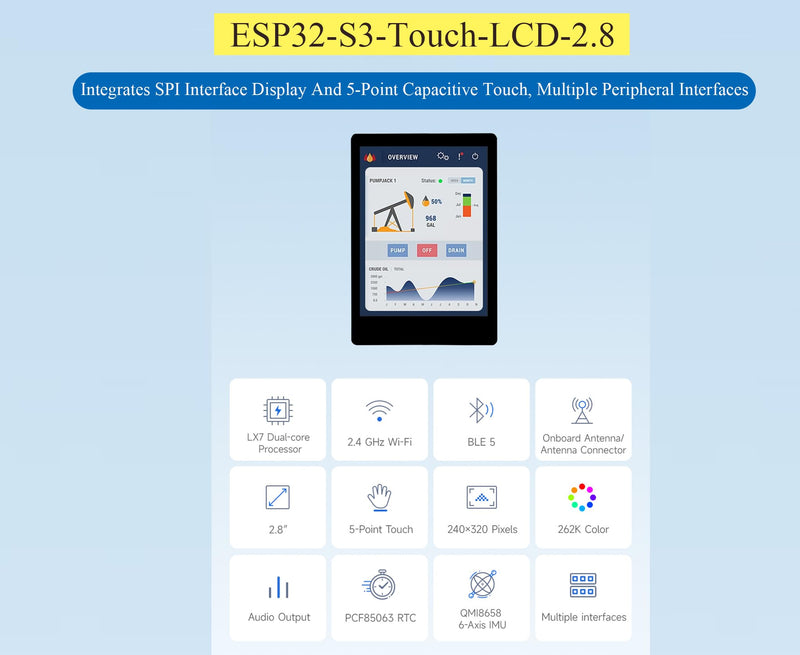 ESP32-S3 2.8inch Capacitive Touch Display Development Board, 5-Point Touch, 240×320 IPS LCD, 32-bit LX7 Dual-Core Processor, Support Wi-Fi & Bluetooth, Multiple Peripherals Interfaces, with Speaker