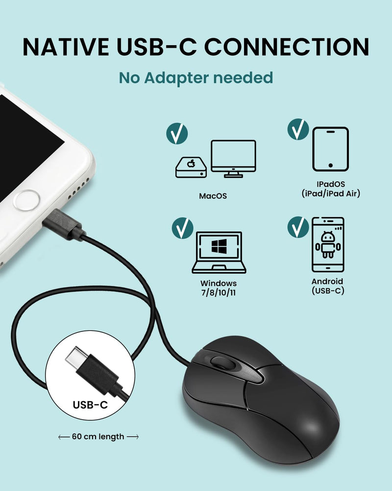 Perixx PERIMICE-405C Wired Portable USB-C Mouse - Reliable 2ft Wired USB-C Cable for Laptop, Tablet, or Smartphone - Silent Click - Black