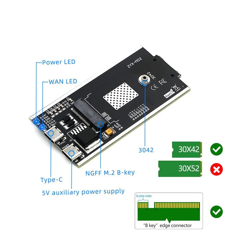 SUPERPLUS NGFF(M.2) to USB 2.0(Type C) Adapter with SIM Card Slot and Auxiliary Power Interface for WWAN/LTE Module