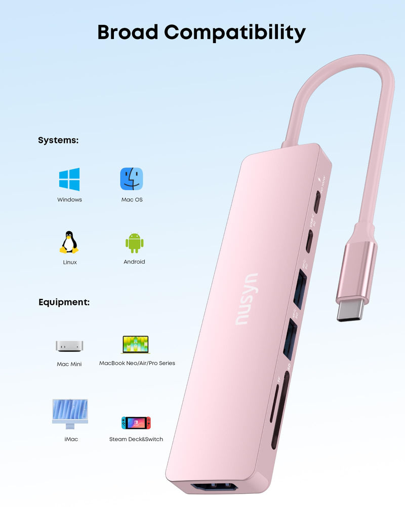7-in-1 USB C Hub with 4K@60Hz HDMI, 2 USB-A, 1 USB-C, 100W PD Charging, SD 3.0 /TF 3.0 Card Reader, Compatible with MacBook Pro/Air/Neo, iPad Pro, iMac, iPhone 15-17 (Blush) Blush
