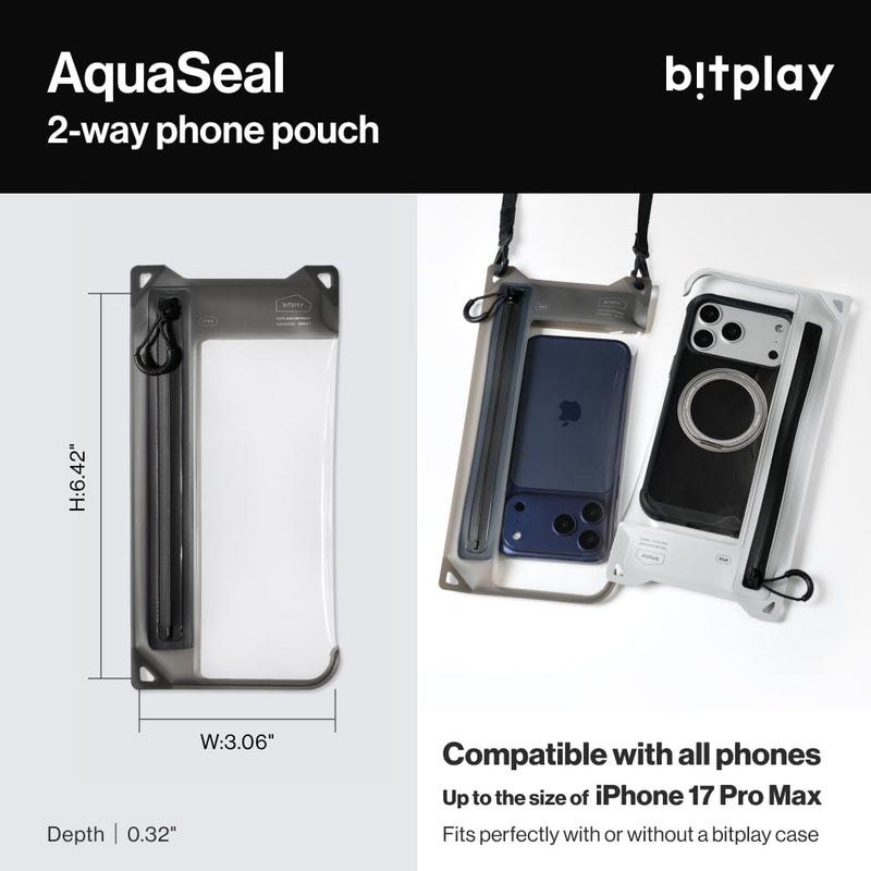 bitplay AquaSeal IPX8 2 Way Waterproof Phone Pouch, Outdoor Dry Bag with Adjustable Lanyard for Universal Phone Case, Horizontal and Vertical Wear, Black Dual-Orientation
