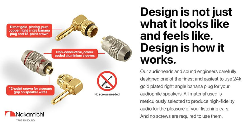 Nakamichi FanLock Excel Series 24k Gold Plated Right-Angle 90 Degree Banana Plug 10 AWG - 18 AWG Gauge Size 4mm for Speakers Amplifier Hi-Fi Home Theatre Wire Cable Quick Connector, 12 Pcs (6-Pairs) 12 Pcs (6-Pairs)