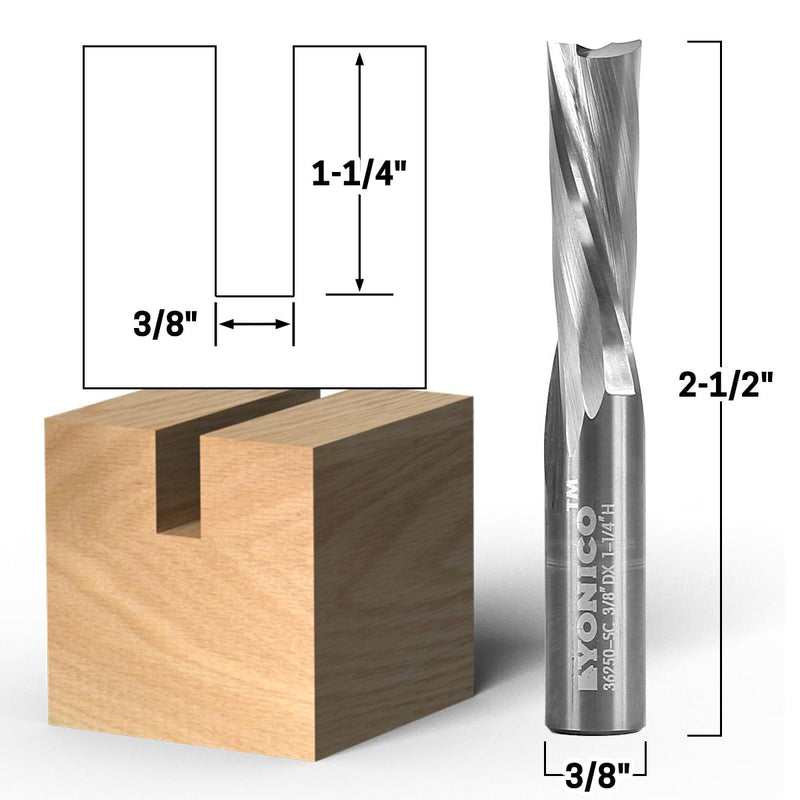 YONICO Downcut Router Bits Spiral 2 Flute Solid Carbide CNC Low Helix End Mill 3/8-Inch Dia. 3/8-Inch Shank 36250-SC 3/8" Diameter - 1-1/4" Length - 3/8" Shank