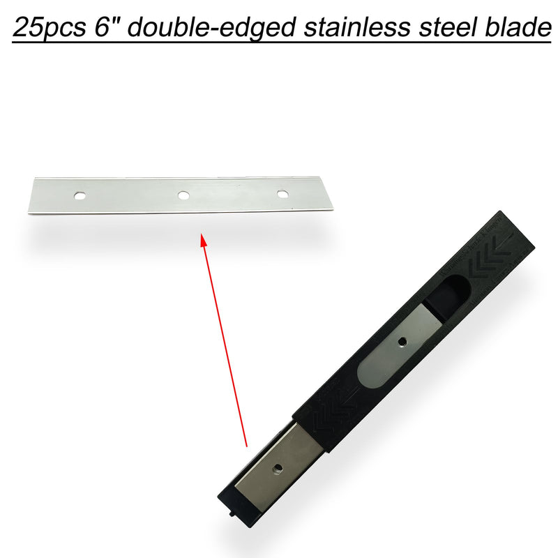 6 inch Razor Blade Scraper with 25Pcs Double-Edged Stainless Steel Blades for Removing Labels,Decals,Stickers,adhesive,Caulk,Paint from Glass,Stove Top,Window,Walls,Mirror,Tile