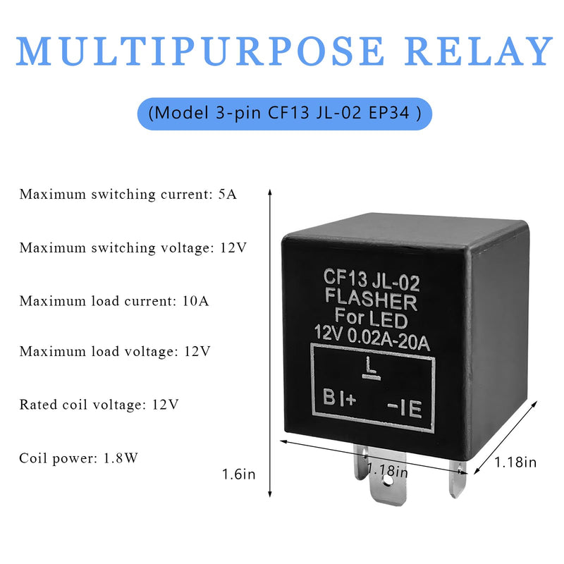 3-Pin CF13 EP34 Electronic Flasher Relay, CF13 JL-02 12V LED Light Flasher Blinker Relay, Universal Turn Signal Light Falsher Fixes Hazard Warn Hyper Flash No Flash Fixed