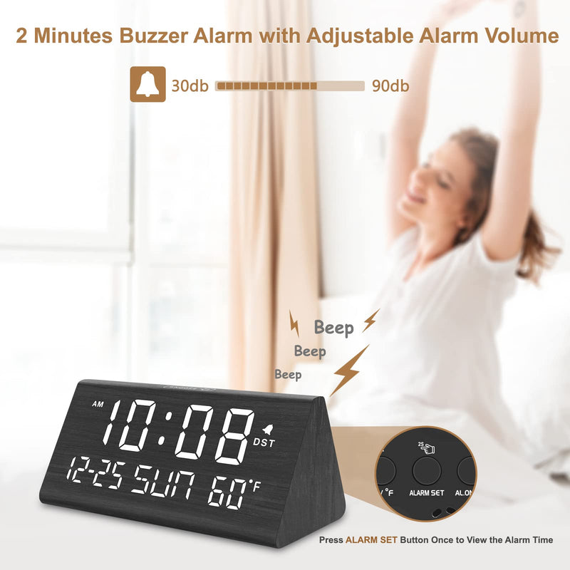 DreamSky Digital Alarm Clocks for Bedrooms - Wooden Desk Clock with Date, Day of Week, USB Port, Temperature, Dimmer for Bedside Table, Living Room, Office, Adjustable Volume, Auto DST, Wood Decor Black - Date & Day