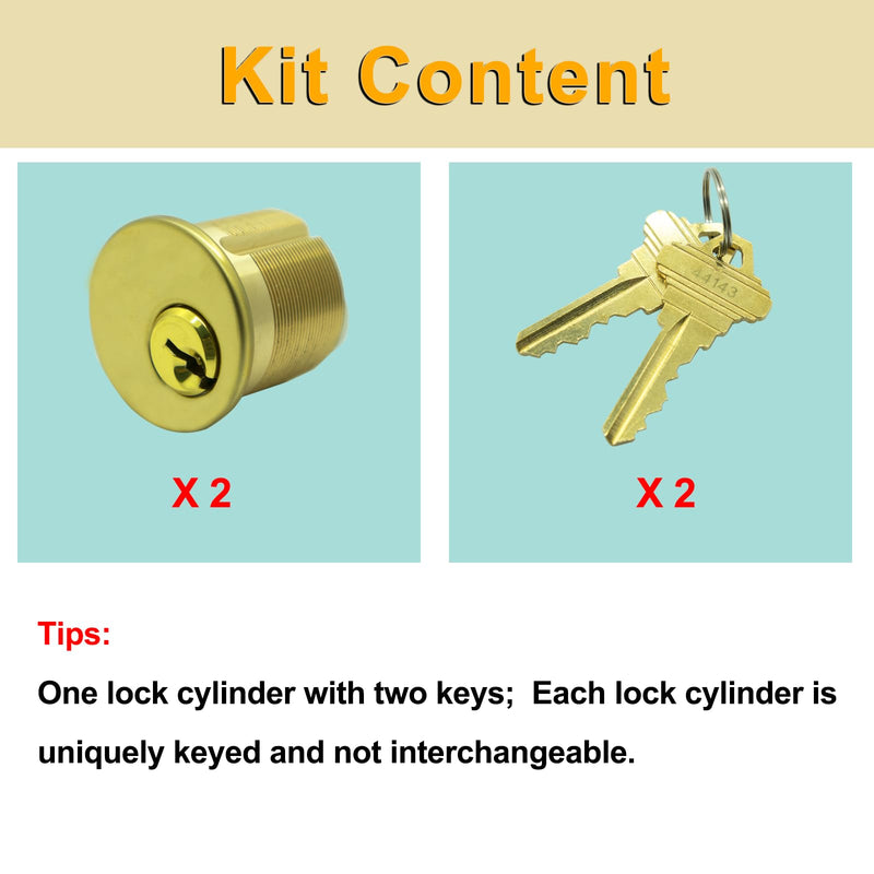 2 Pack Brass Mortise Door Cylinder Lock, 1 1/8" Inch Length Keyed Standard SC1 Keyway, Door Replacement Lock Cylinder with 2 keyed Different Keys Suitable for Home and Commercial Use (Golden).