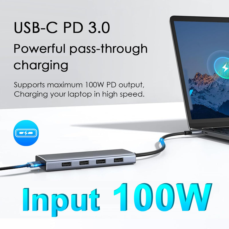 USB C Hub, 5-in-1 USBC to Power delivery, 1 x Powered USB-C & 4xUSB-A Data Ports for MacBook Pro, MacBook Air, Dell and More