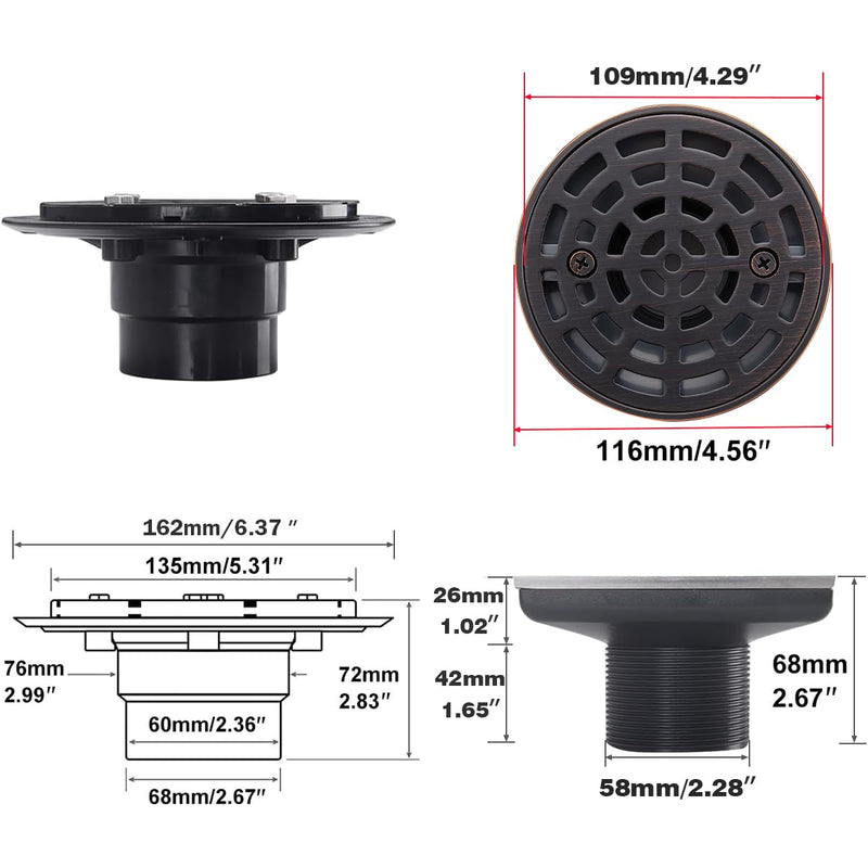 RANDOM Round Shower Drain SUS304 Stainless Steel Oil Rubbed Bronze Shower Drain 4 inch with Adjustable PVC Base Flange,Shower Floor Drain with Removable Cover Grid Grate A-oil Rubbed Bronze-4″ Round With Base Flange