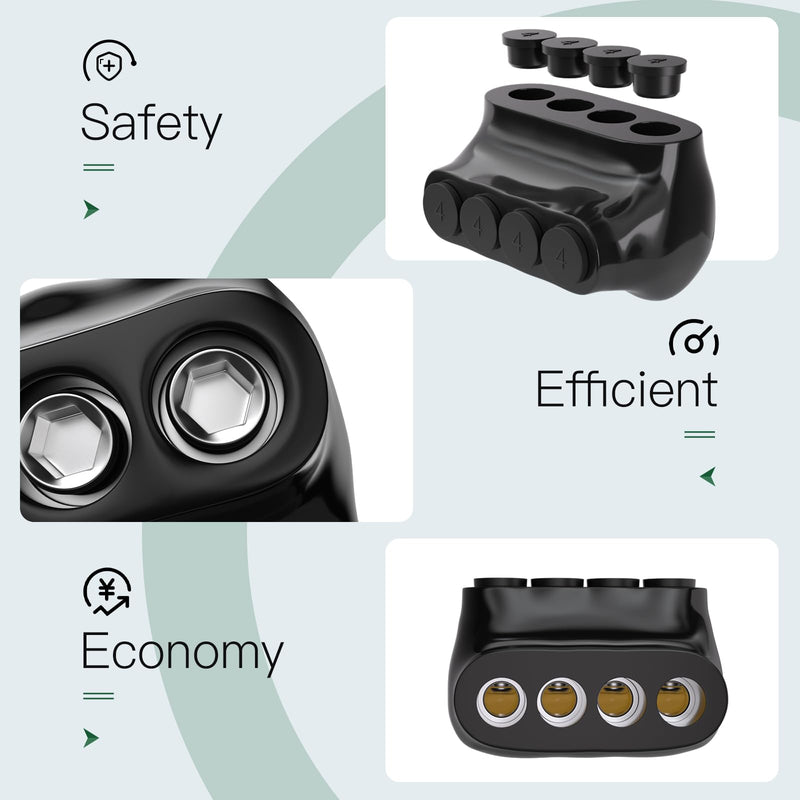 6PCS 4 Port Single-Sided Entry Insulated Multi Tap Connector 4-14 AWG, Electrical Splice Connector, Black Vinyl Coated, Dual-Rated for Copper and Aluminum Wires 6PCS 4port 4-14 AWG