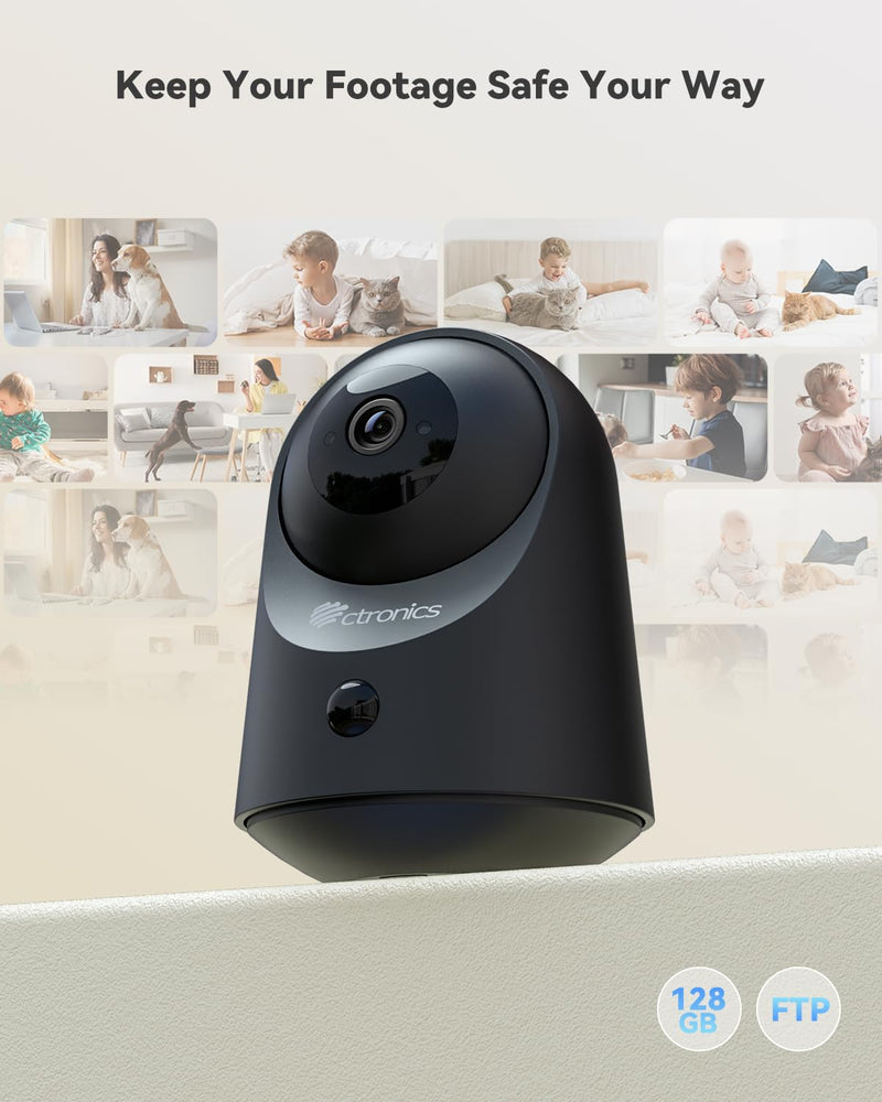 Ctronics 2K 3MP Indoor Security Camera,100% Wireless Battery Camera, 20m Infrared Night Vision, App & PC, FTP/Local Storage/Cloud, PIR Motion Detection, 2.4GHz WiFi, Two-Way Audio, Black