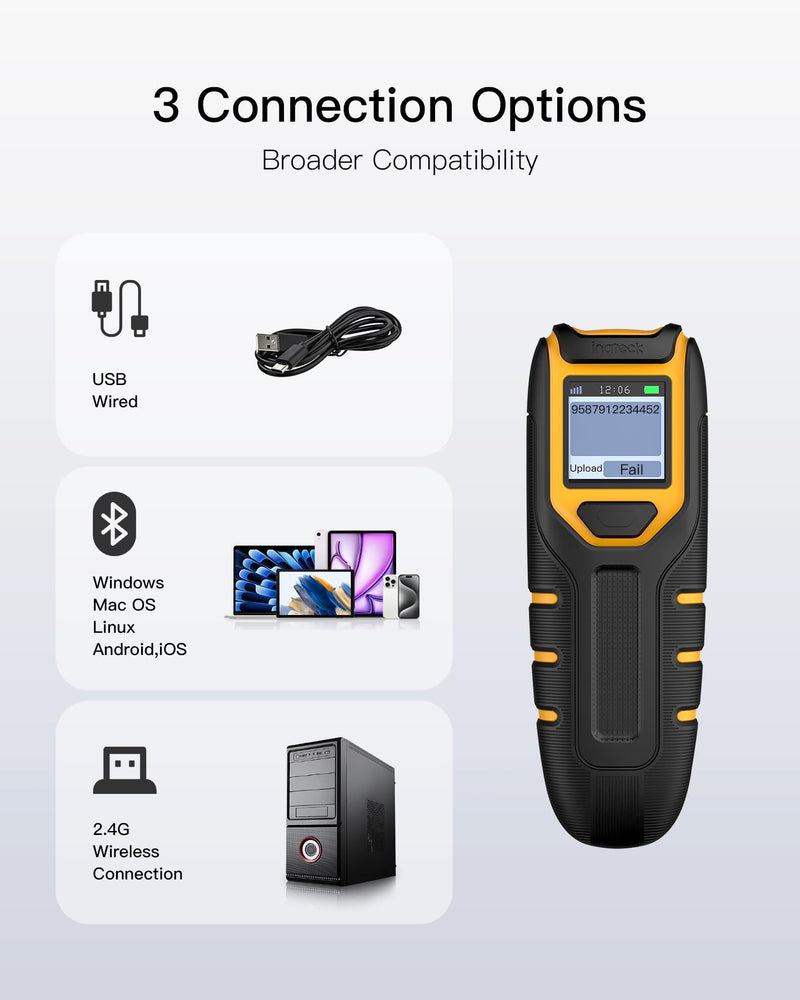 Inateck Barcode Scanner Wireless,Portable Bluetooth Barcode Scanner with Screen,1D 2D QR Code Scanner Kabellos 2.4GHz,Handscanner with APP and SDK, BCST-47 BCST-47-BK