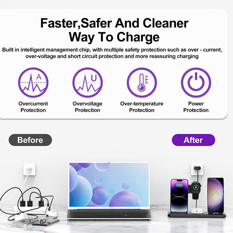 Wireless Charger for Dual iPhones, 4 in 1 Foldable Fast Charging Station for iPhone17/16/15/14/13/12 Pro Max Plus,for samsang Devices,Charging Stand for Apple Watch 11/10/9/8/2-7 AirPods Black