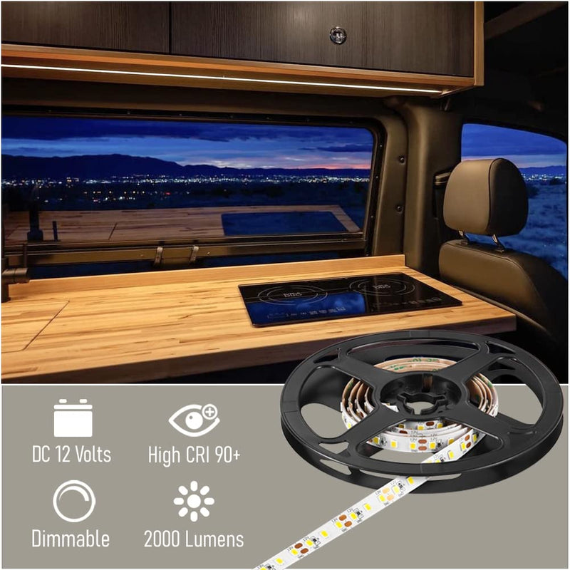 RV Flexible LED Strip Light 12V Dimmable Tape Light 16.4 ft 600 LEDs 2000 Lumen Width 5/16” for Camper Van Motorhome Truck Trailer Interior Lighting, CRI 90+ Indoor Only (3000K) 3000K